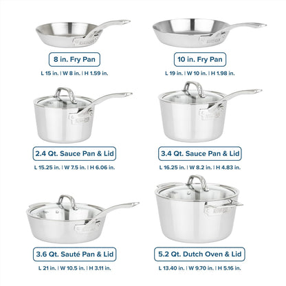 Viking Contemporary 3-Ply Pots and Pans Set, 10 Piece Stainless Steel Kitchen Cookware, Silver