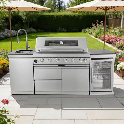 43-Inch 6-Burner Propane Gas Grill Island | 85,000 BTU | Refrigerator & Sink