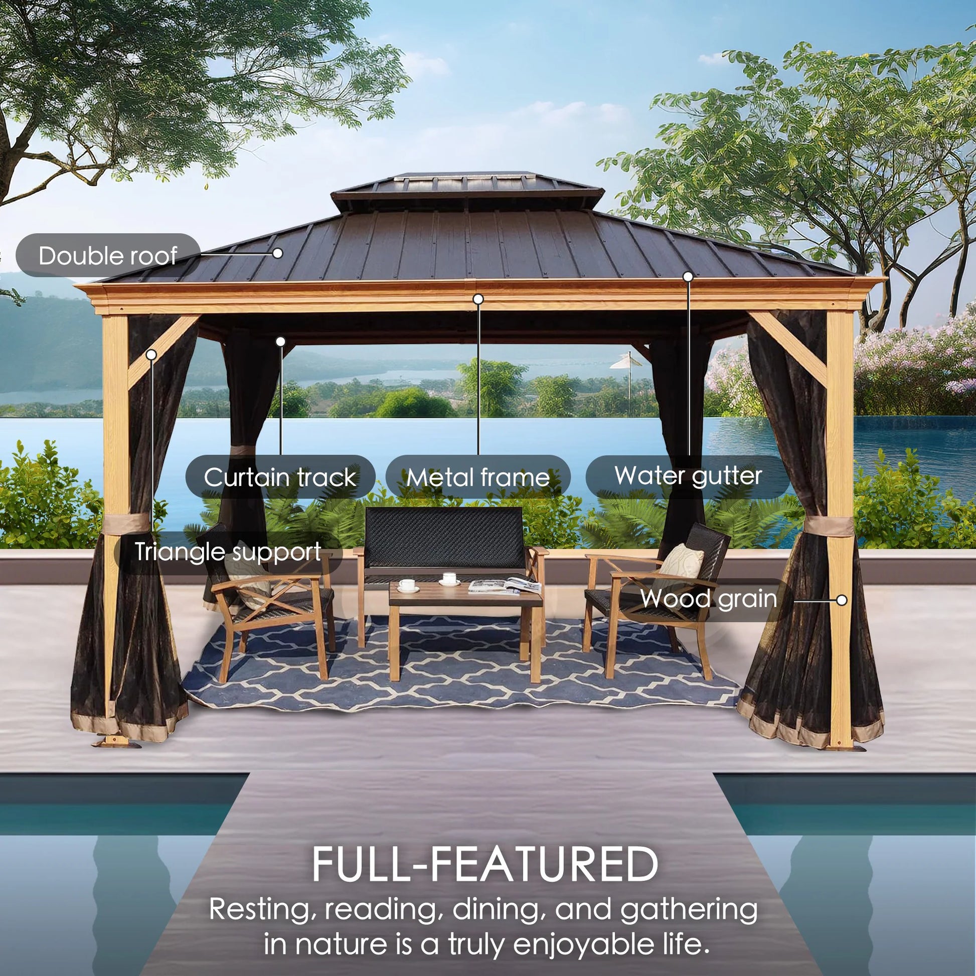 10-Ft X 12 Gazebo Brwon Gazebo with Hardtop Roof (Screen Included)