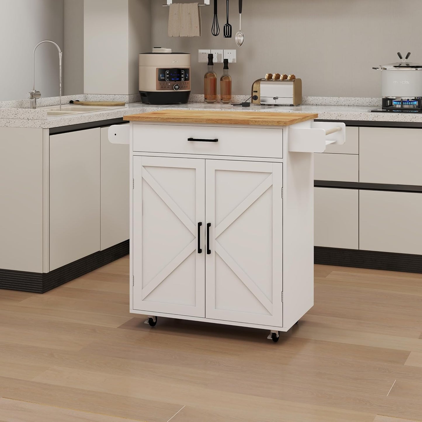 Farmhouse Style Kitchen Island with Rolling Wheels,Indoor Kitchen Islands with Towel and Spice Racks,2 Doors & 1 Drawer,Kitchen Storage Cart W/Adjustable Shelf,For Kitchen,White