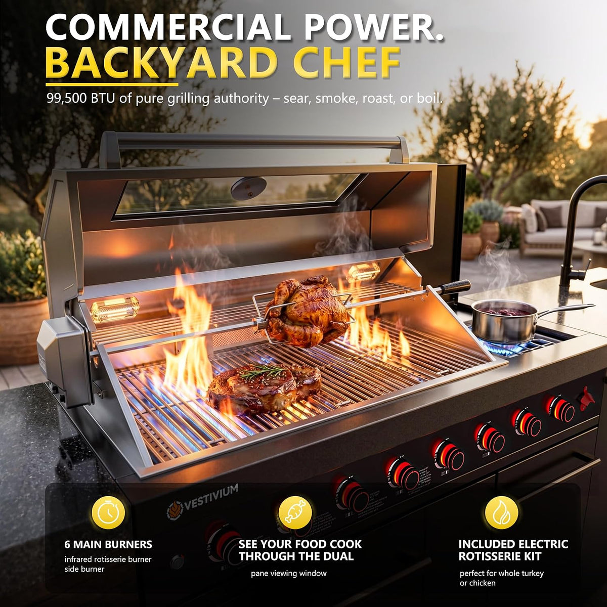 109" All-In-One Outdoor Kitchen, 8-Burner Modular Grill Station, Powder Coating Black SS304 & Black Granite, Sink, Fridge, Complete BBQ Set for Large Patios & Backyards (Propane)