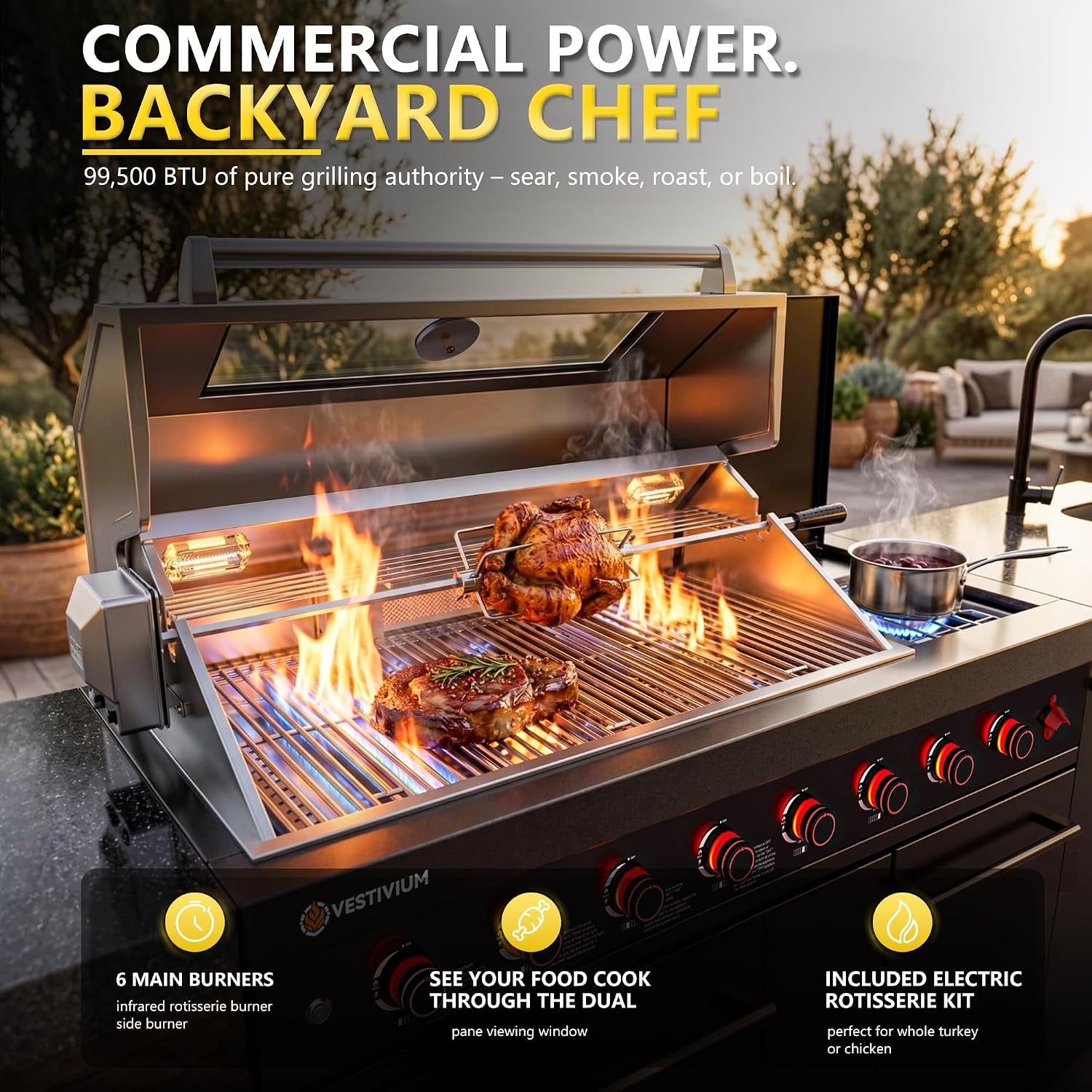 109" All-In-One Outdoor Kitchen, 8-Burner Modular Grill Station, Powder Coating Black SS304 & Black Granite, Sink, Fridge, Complete BBQ Set for Large Patios & Backyards (Propane)