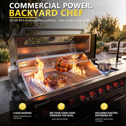 109" All-In-One Outdoor Kitchen, 8-Burner Modular Grill Station, Powder Coating Black SS304 & Black Granite, Sink, Fridge, Complete BBQ Set for Large Patios & Backyards (Propane)
