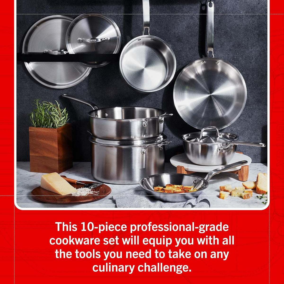 Eater Series 10 Piece Cookware Set | Made in USA | 5 Ply Fully Clad Stainless Steel Cookware Set | Stay Cool Handle | Induction Ready & Non-Toxic