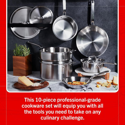 Eater Series 10 Piece Cookware Set | Made in USA | 5 Ply Fully Clad Stainless Steel Cookware Set | Stay Cool Handle | Induction Ready & Non-Toxic