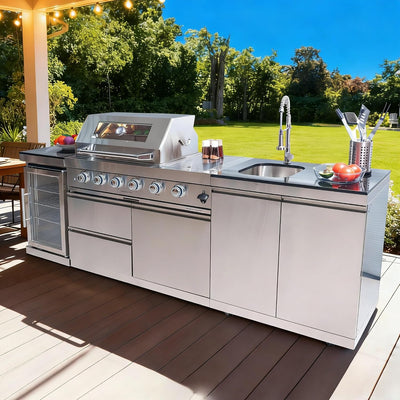 98-Inch Outdoor Kitchen Island | 4-Burner Propane Grill | Refrigerator, Sink & Granite Countertops