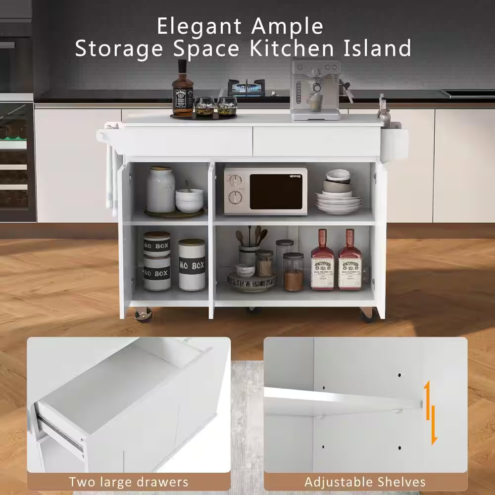 53.2 In. Rolling Kitchen Island Grill Carts on Wheels with Adjustable Shelves for Kitchen, Dining Room in White