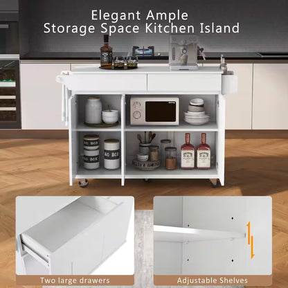 53.2 In. Rolling Kitchen Island Grill Carts on Wheels with Adjustable Shelves for Kitchen, Dining Room in White