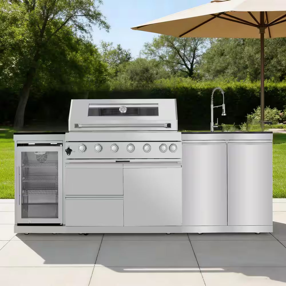 43 In. 6-Burner Propane Gas Grill Island Outdoor Kitchen in Stainless Steel with Refrigerator, Sink