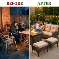 7 Piece Outdoor Patio Furniture Set, Patio Furniture Set with Fire Pit Table Rattan Wicker Patio Furniture Set, Brown Wicker & Beige Cushion — Before & After