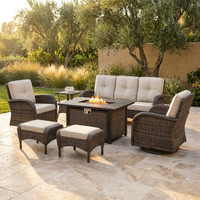 7 Piece Outdoor Patio Furniture Set, Patio Furniture Set with Fire Pit Table Rattan Wicker Patio Furniture Set, Brown Wicker & Beige Cushion — Studio Shot