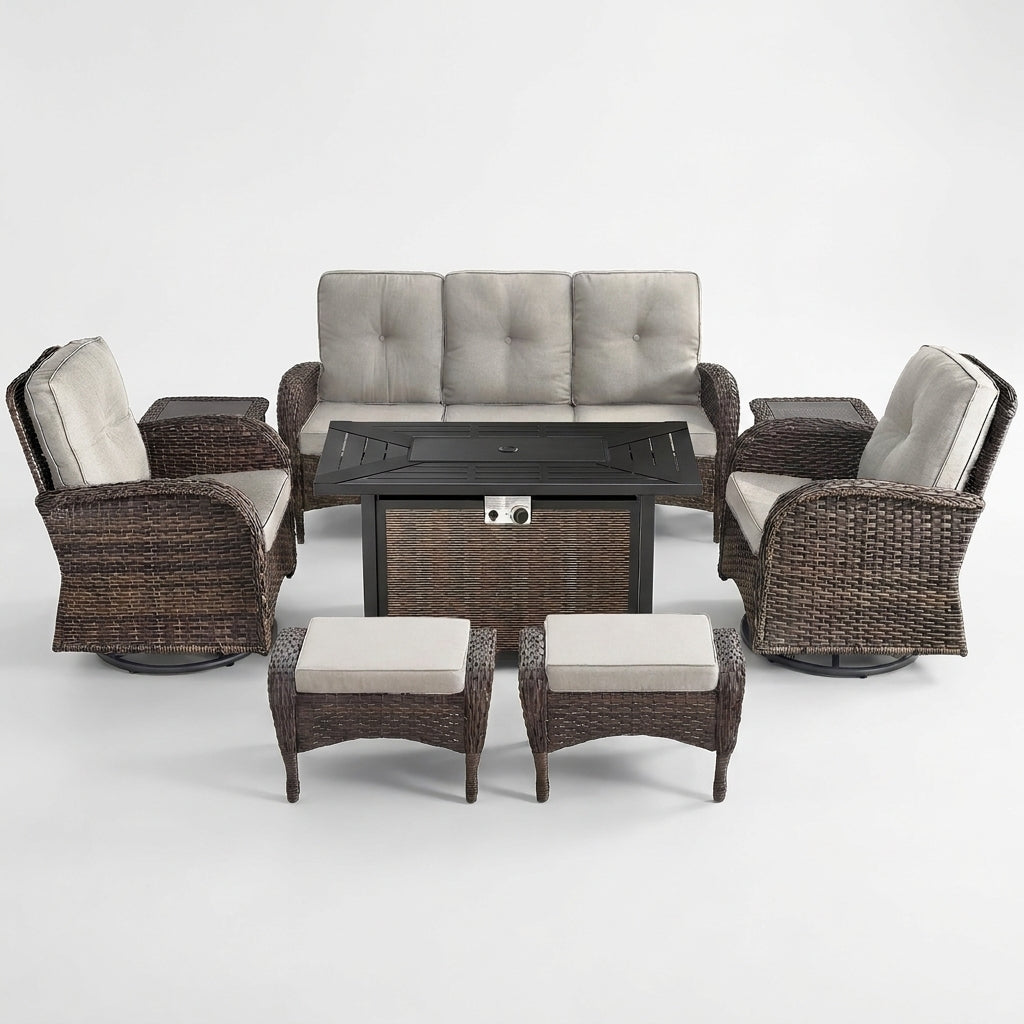7 Piece Outdoor Patio Furniture Set, Patio Furniture Set with Fire Pit Table Rattan Wicker Patio Furniture Set, Brown Wicker & Beige Cushion — Studio Shot