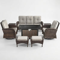 7 Piece Outdoor Patio Furniture Set, Patio Furniture Set with Fire Pit Table Rattan Wicker Patio Furniture Set, Brown Wicker & Beige Cushion — Studio Shot