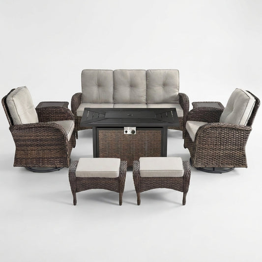 7 Piece Outdoor Patio Furniture Set, Patio Furniture Set with Fire Pit Table Rattan Wicker Patio Furniture Set, Brown Wicker & Beige Cushion — Studio Shot
