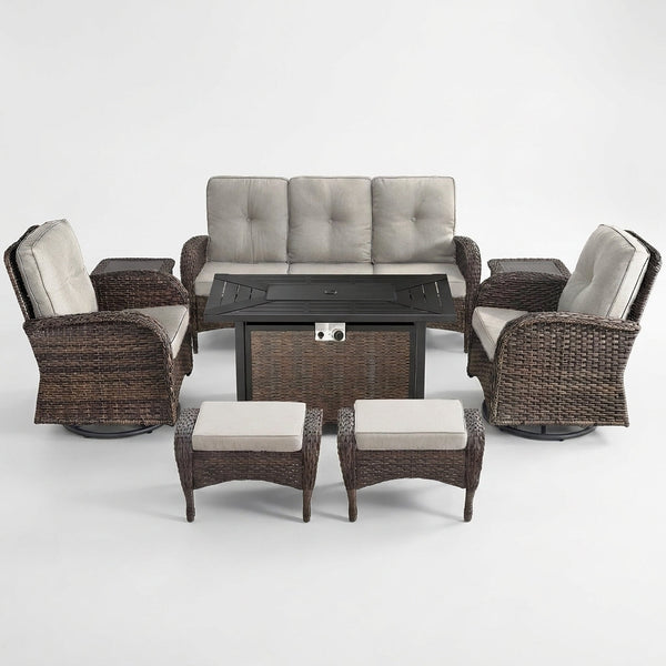 7 Piece Outdoor Patio Furniture Set, Patio Furniture Set with Fire Pit Table Rattan Wicker Patio Furniture Set, Brown Wicker & Beige Cushion — Studio Shot