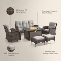 7 Piece Outdoor Patio Furniture Set, Patio Furniture Set with Fire Pit Table Rattan Wicker Patio Furniture Set, Brown Wicker & Beige Cushion — infographic