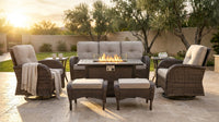 7 Piece Outdoor Patio Furniture Set, Patio Furniture Set with Fire Pit Table Rattan Wicker Patio Furniture Set, Brown Wicker & Beige Cushion — Lifestyle