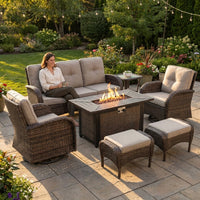 7 Piece Outdoor Patio Furniture Set, Patio Furniture Set with Fire Pit Table Rattan Wicker Patio Furniture Set, Brown Wicker & Beige Cushion — Lifestyle