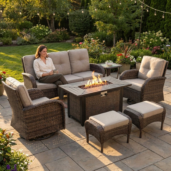 Outdoor Patio Furniture Set Built for Year-Round Comfort, Fire Pit Table, Rattan Wicker, 4-Inch Cushions