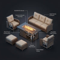 7 Piece Outdoor Patio Furniture Set, Patio Furniture Set with Fire Pit Table Rattan Wicker Patio Furniture Set, Brown Wicker & Beige Cushion — How It Works