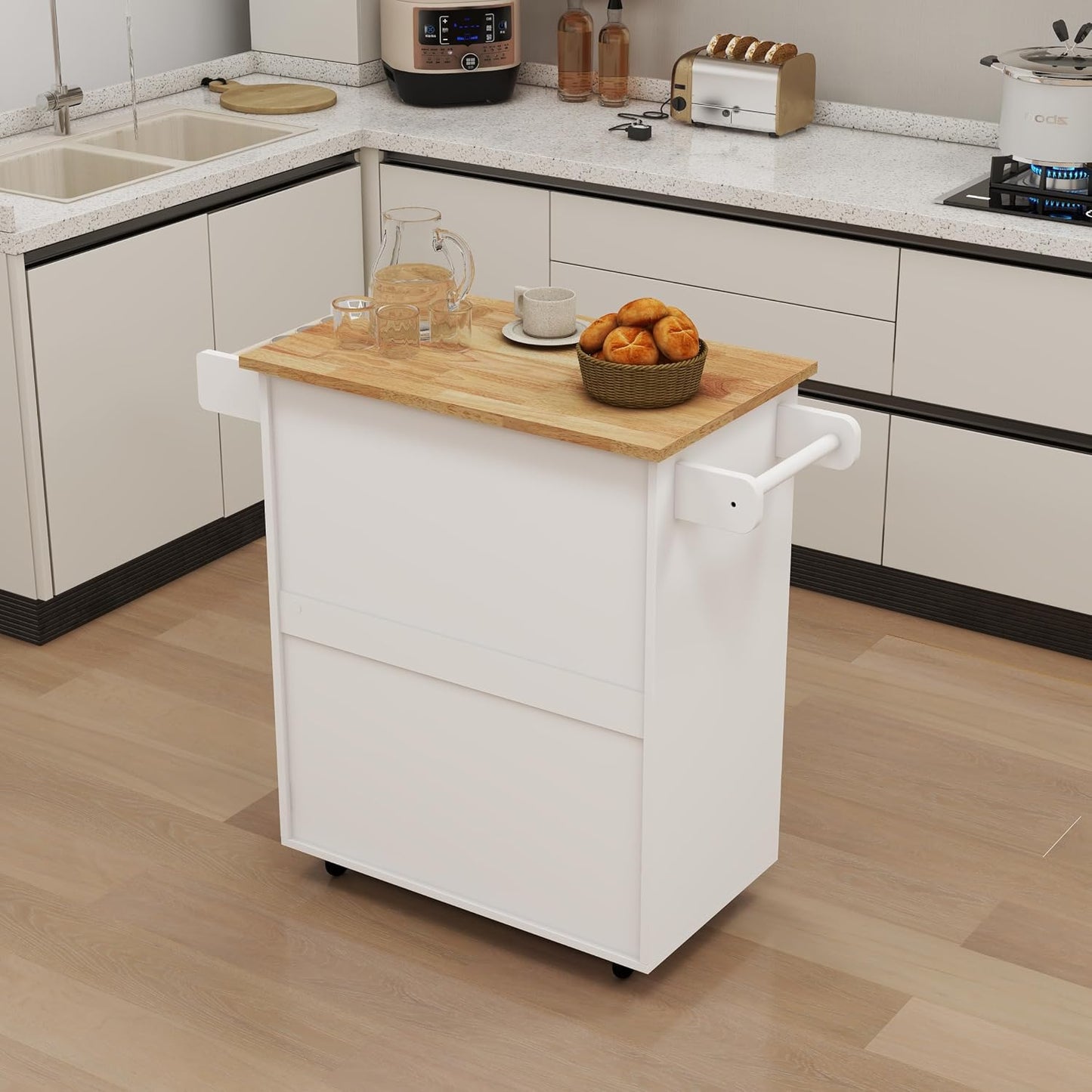 Farmhouse Style Kitchen Island with Rolling Wheels,Indoor Kitchen Islands with Towel and Spice Racks,2 Doors & 1 Drawer,Kitchen Storage Cart W/Adjustable Shelf,For Kitchen,White