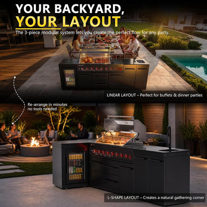 109" All-In-One Outdoor Kitchen, 8-Burner Modular Grill Station, Powder Coating Black SS304 & Black Granite, Sink, Fridge, Complete BBQ Set for Large Patios & Backyards (Propane)