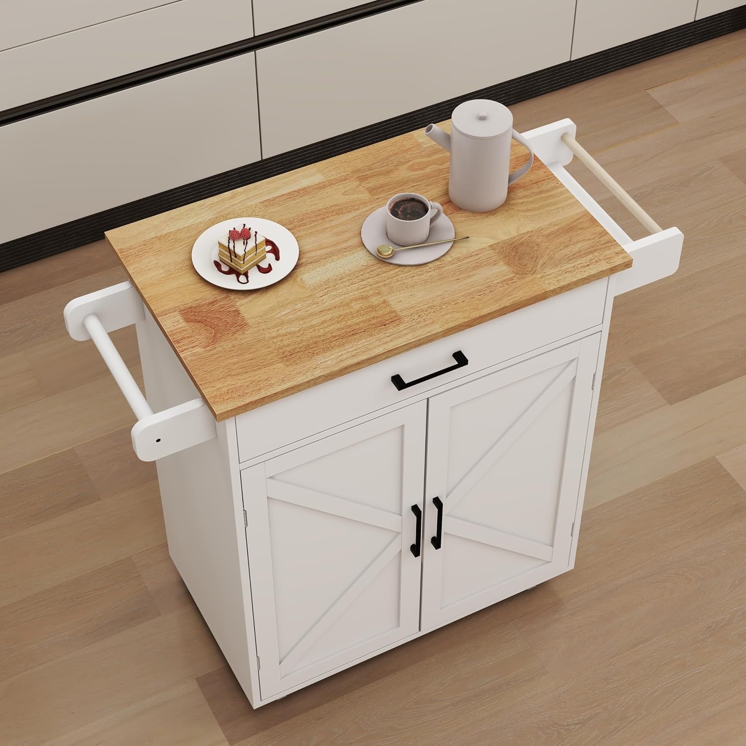 Farmhouse Style Kitchen Island with Rolling Wheels,Indoor Kitchen Islands with Towel and Spice Racks,2 Doors & 1 Drawer,Kitchen Storage Cart W/Adjustable Shelf,For Kitchen,White