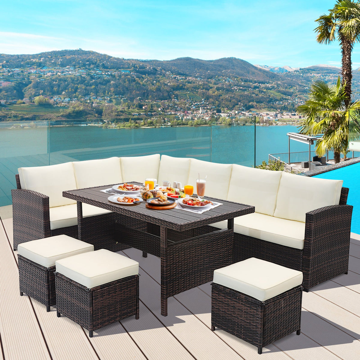 7-Piece White Wicker Patio Furniture Set | Hand-Woven Rattan | Removable Cushions