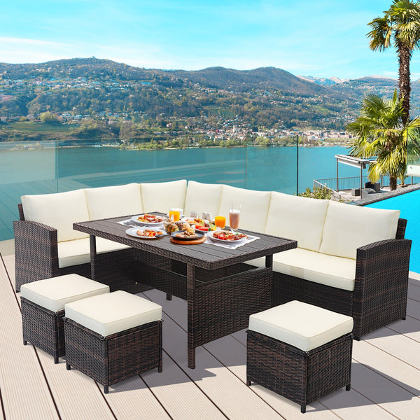 7-Piece White Wicker Patio Furniture Set | Hand-Woven Rattan | Removable Cushions