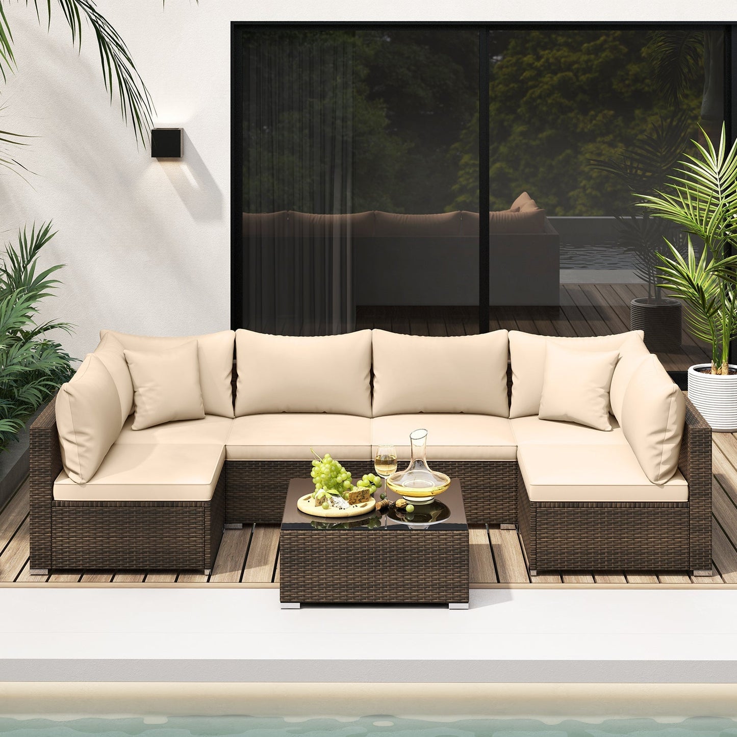 7-Piece Patio Rattan Furniture Set | Beige | Modular Sectional Sofa