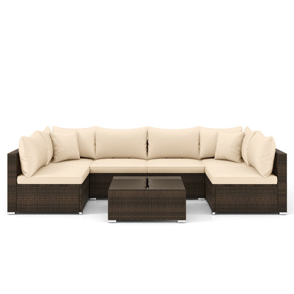 7-Piece Patio Rattan Furniture Set | Beige | Modular Sectional Sofa