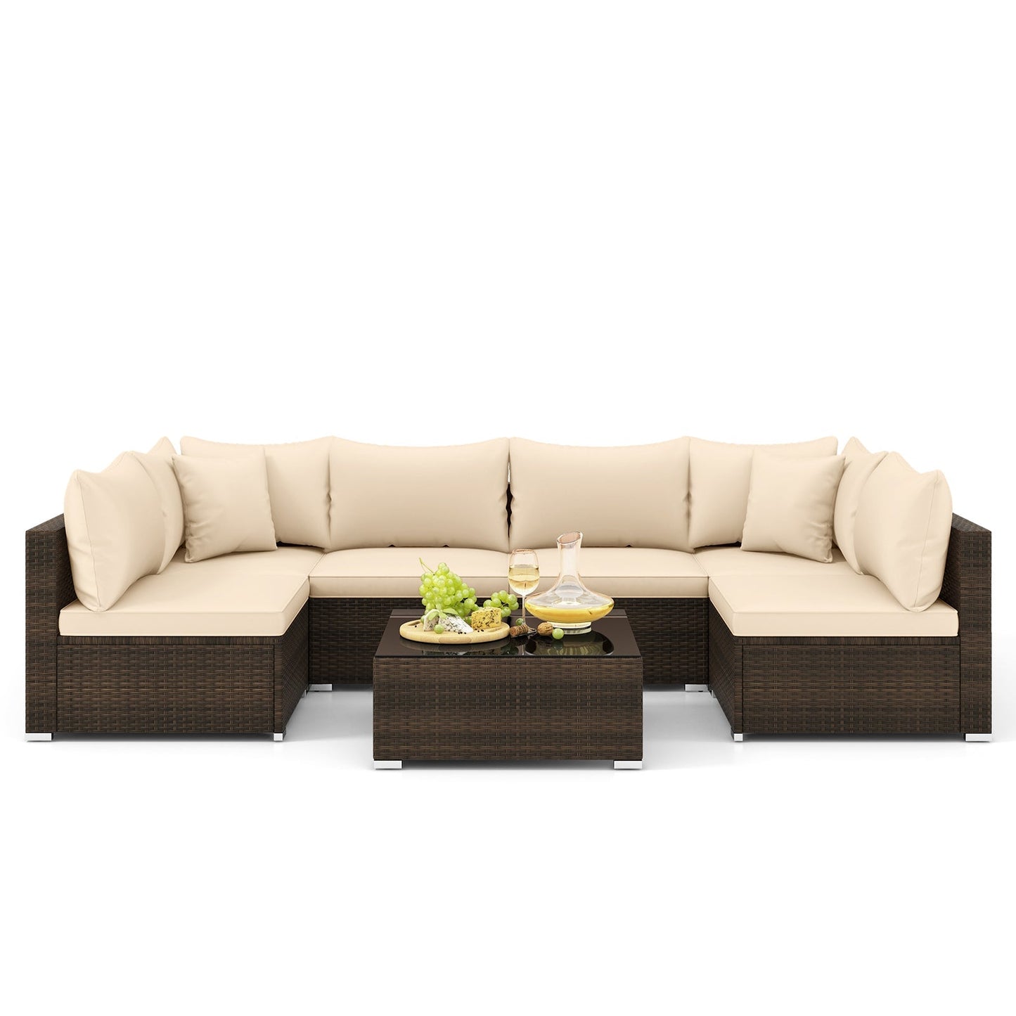 7-Piece Patio Rattan Furniture Set | Beige | Modular Sectional Sofa