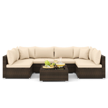 7-Piece Patio Rattan Furniture Set | Beige | Modular Sectional Sofa