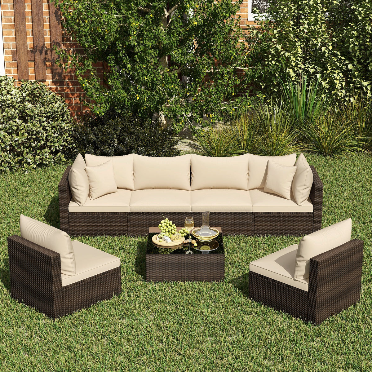 7-Piece Patio Rattan Furniture Set | Beige | Modular Sectional Sofa