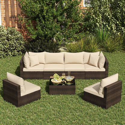 7-Piece Patio Rattan Furniture Set | Beige | Modular Sectional Sofa