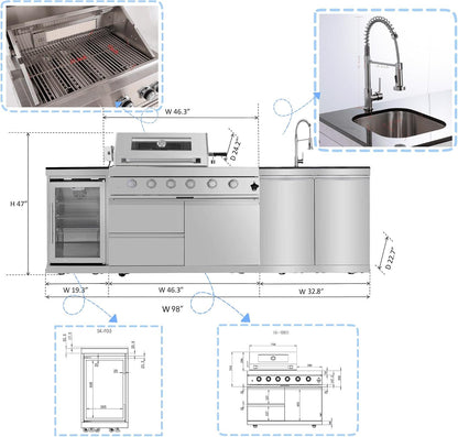 98 Inches Outdoor Kitchen Island, 4-Burner 72000 BTU Propane Stainless Steel BBQ with Side/Rear Burners, with Refrigerator and Sink, Rotisserie, Granite Countertops, Storage, for Backyard BBQ, Silver