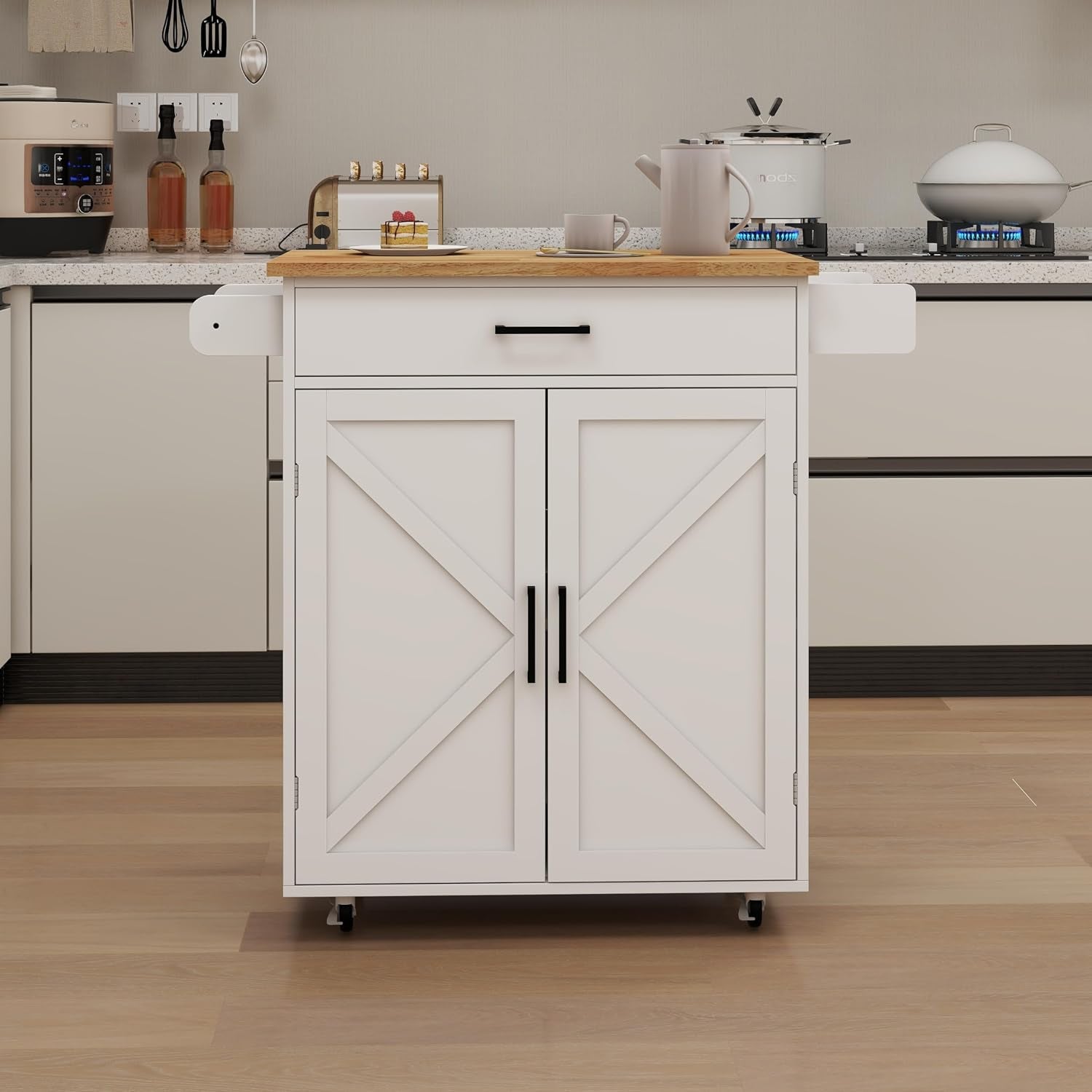 Farmhouse Style Kitchen Island with Rolling Wheels,Indoor Kitchen Islands with Towel and Spice Racks,2 Doors & 1 Drawer,Kitchen Storage Cart W/Adjustable Shelf,For Kitchen,White