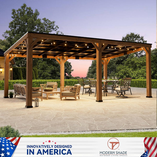 Modern Shade Wood Grill Gazebo 12' x 20' | Sloped Galvanized Steel Roof | FSC-Certified Cedar