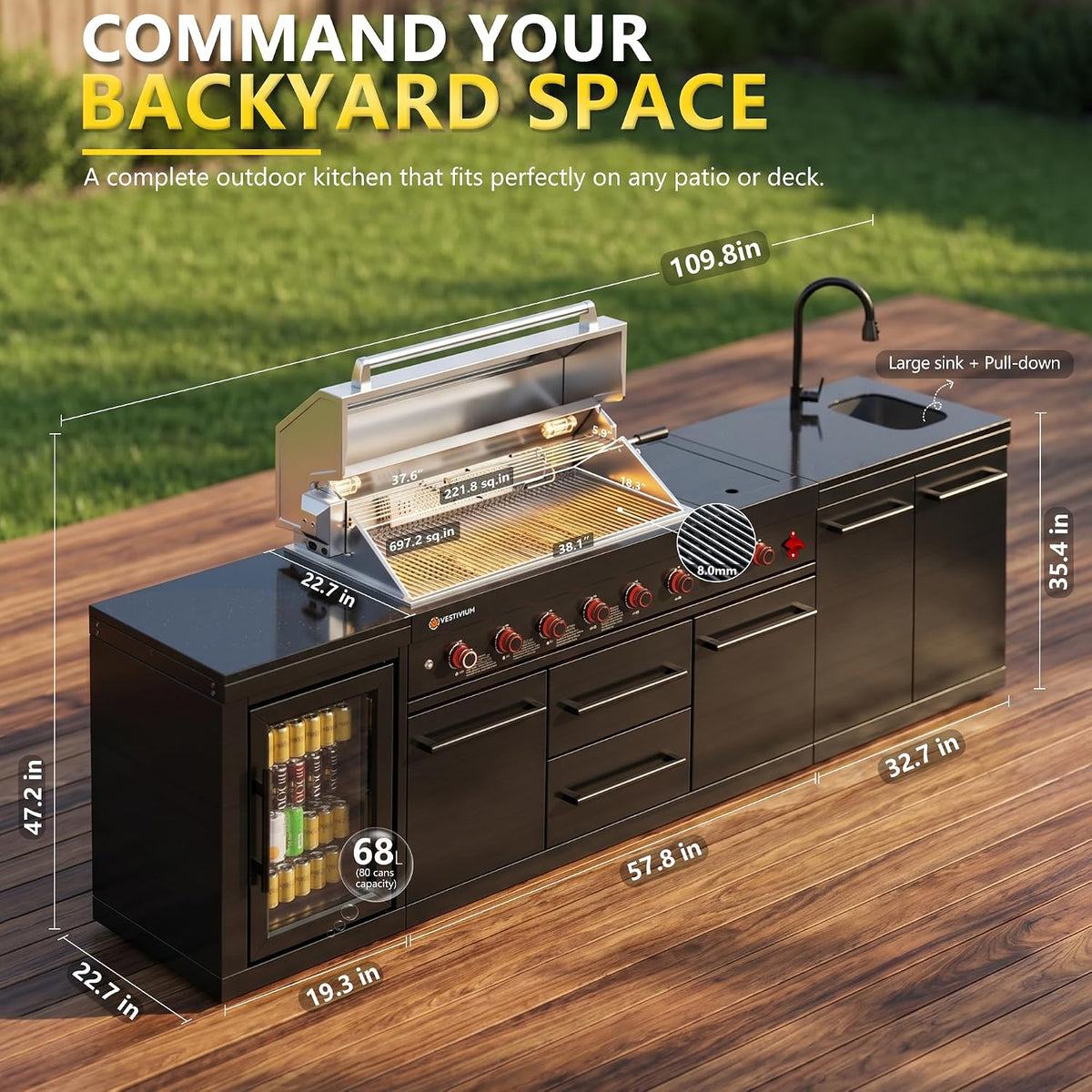109" All-In-One Outdoor Kitchen, 8-Burner Modular Grill Station, Powder Coating Black SS304 & Black Granite, Sink, Fridge, Complete BBQ Set for Large Patios & Backyards (Propane)