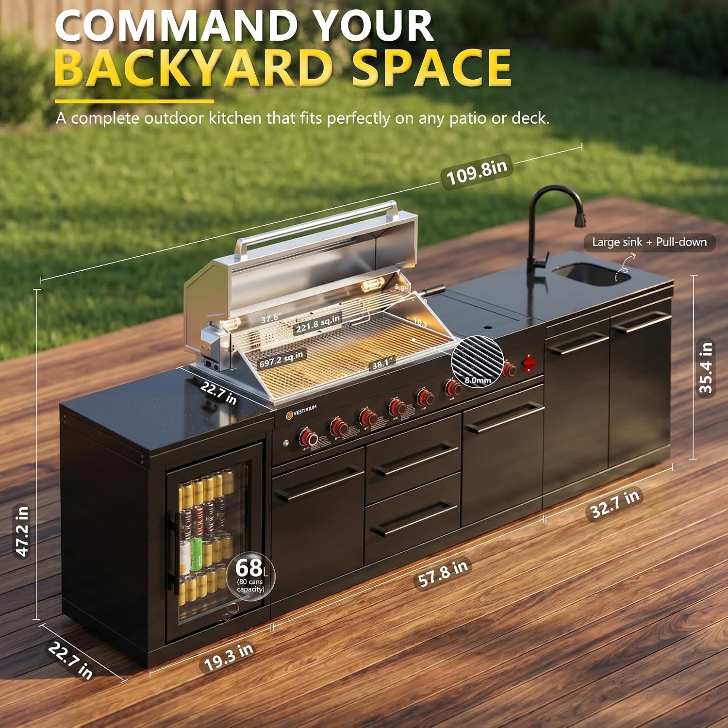 109" All-In-One Outdoor Kitchen, 8-Burner Modular Grill Station, Powder Coating Black SS304 & Black Granite, Sink, Fridge, Complete BBQ Set for Large Patios & Backyards (Propane)