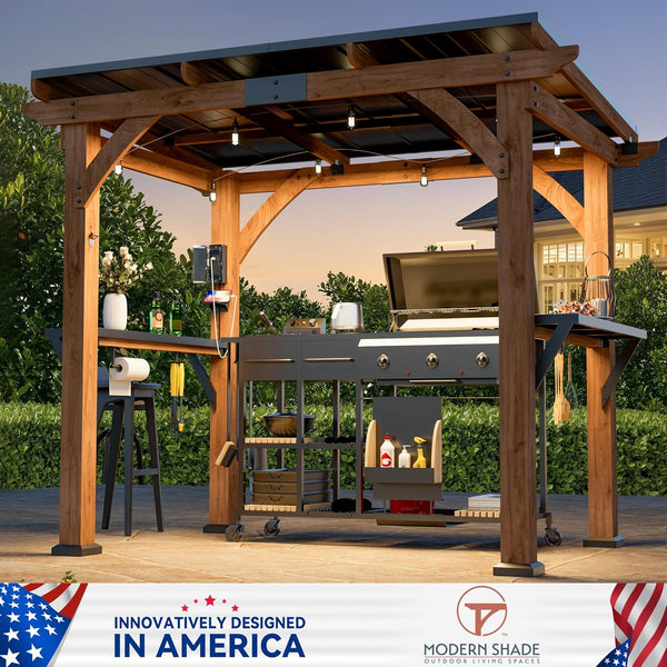 Modern Shade 6' x 8' Wood Grill Gazebo | Cedar Frame | Galvanized Steel Roof | USB & USB-C Charging