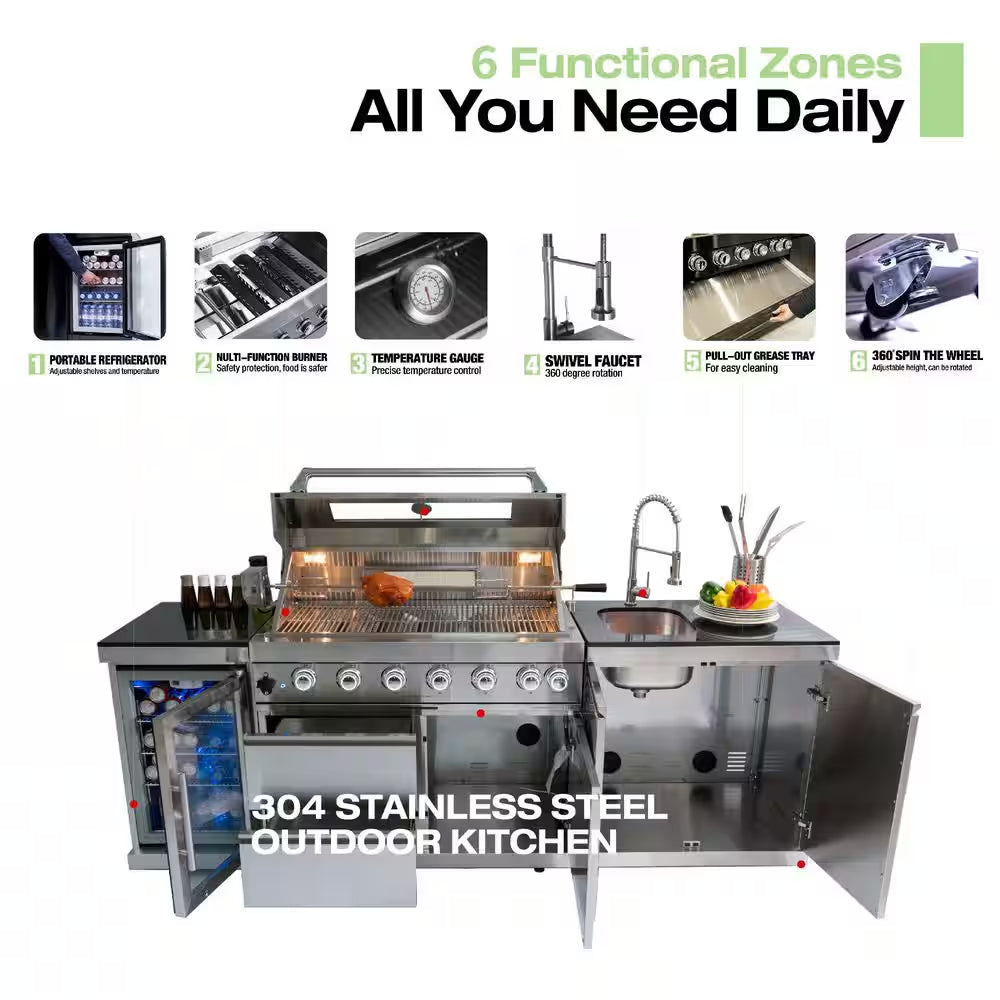 43 In. 6-Burner Propane Gas Grill Island Outdoor Kitchen in Stainless Steel with Refrigerator, Sink