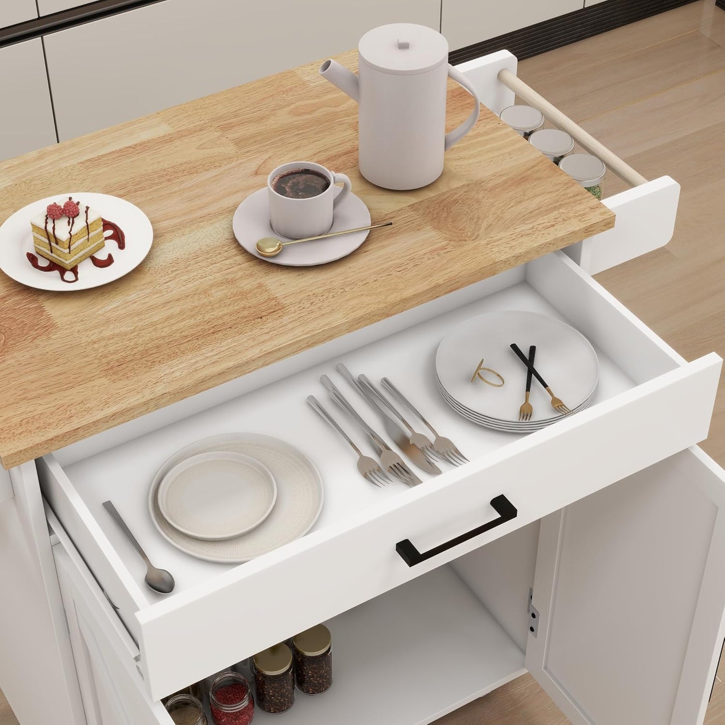 Farmhouse Style Kitchen Island with Rolling Wheels,Indoor Kitchen Islands with Towel and Spice Racks,2 Doors & 1 Drawer,Kitchen Storage Cart W/Adjustable Shelf,For Kitchen,White