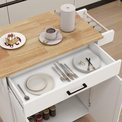 Farmhouse Style Kitchen Island with Rolling Wheels,Indoor Kitchen Islands with Towel and Spice Racks,2 Doors & 1 Drawer,Kitchen Storage Cart W/Adjustable Shelf,For Kitchen,White