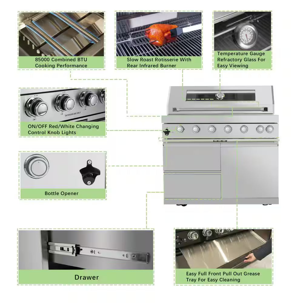 43 In. 6-Burner Propane Gas Grill Island Outdoor Kitchen in Stainless Steel with Refrigerator, Sink