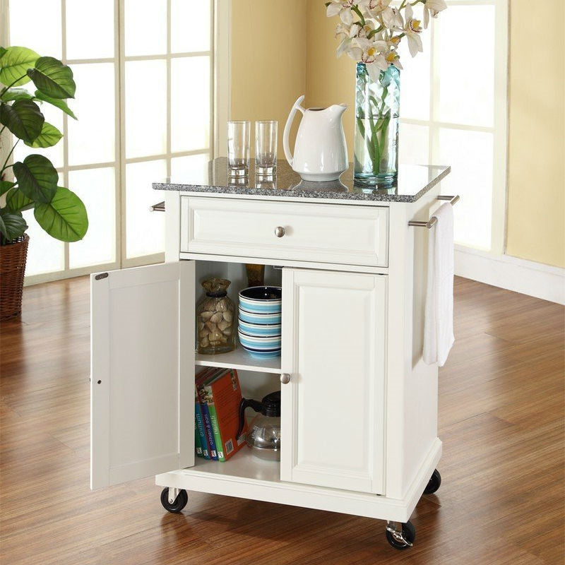 White Kitchen Cart with Granite Top | Locking Casters | 2-Door Storage