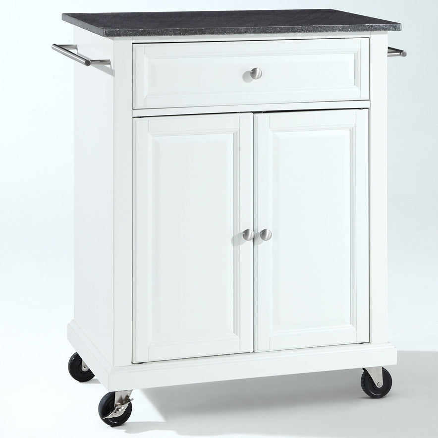 White Kitchen Cart with Granite Top | Locking Casters | 2-Door Storage
