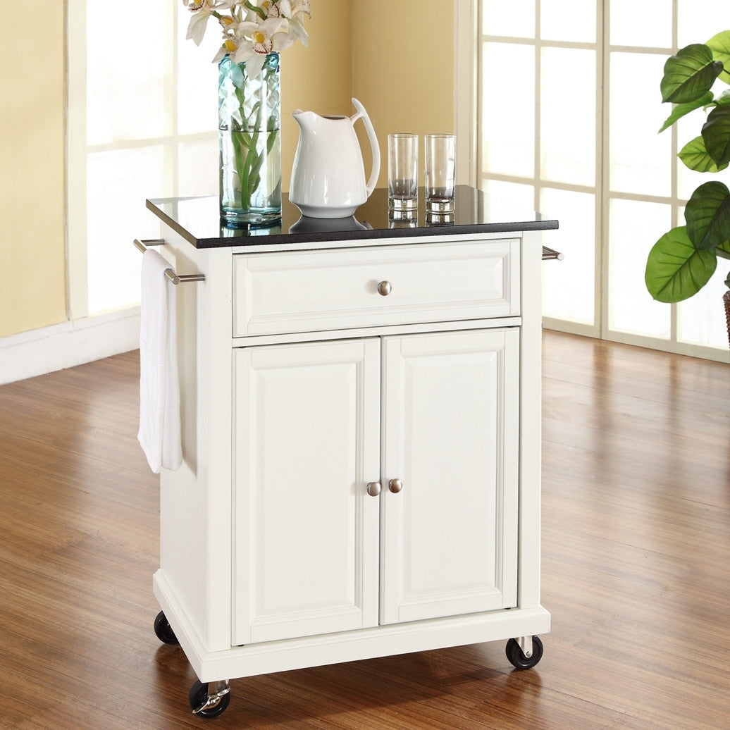 White Kitchen Cart with Granite Top | Locking Casters | 2-Door Storage