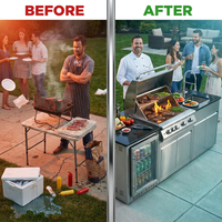 Modular Outdoor Kitchen BBQ Island, 104" Outdoor Kitchen Propane Gas Island Grill with Sink, Compact Refrigerator, Storage Cabinets, Rotisserie Kit (Silver, 104") — Before & After