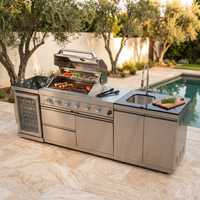 Modular Outdoor Kitchen BBQ Island, 104" Outdoor Kitchen Propane Gas Island Grill with Sink, Compact Refrigerator, Storage Cabinets, Rotisserie Kit (Silver, 104") — Studio Shot